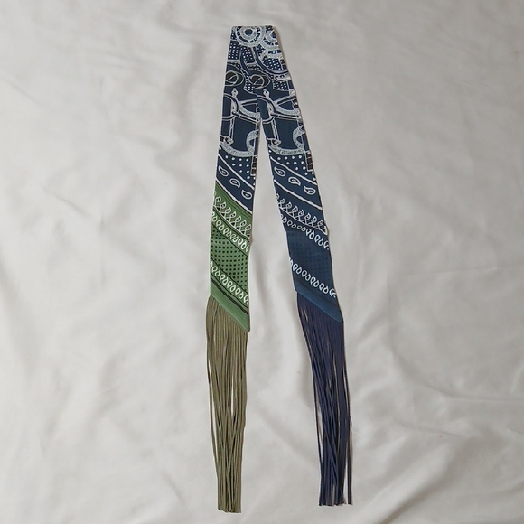 Hermes Accessories - Hermes Navy Blue and Green Silk Twilly with Long Fringe